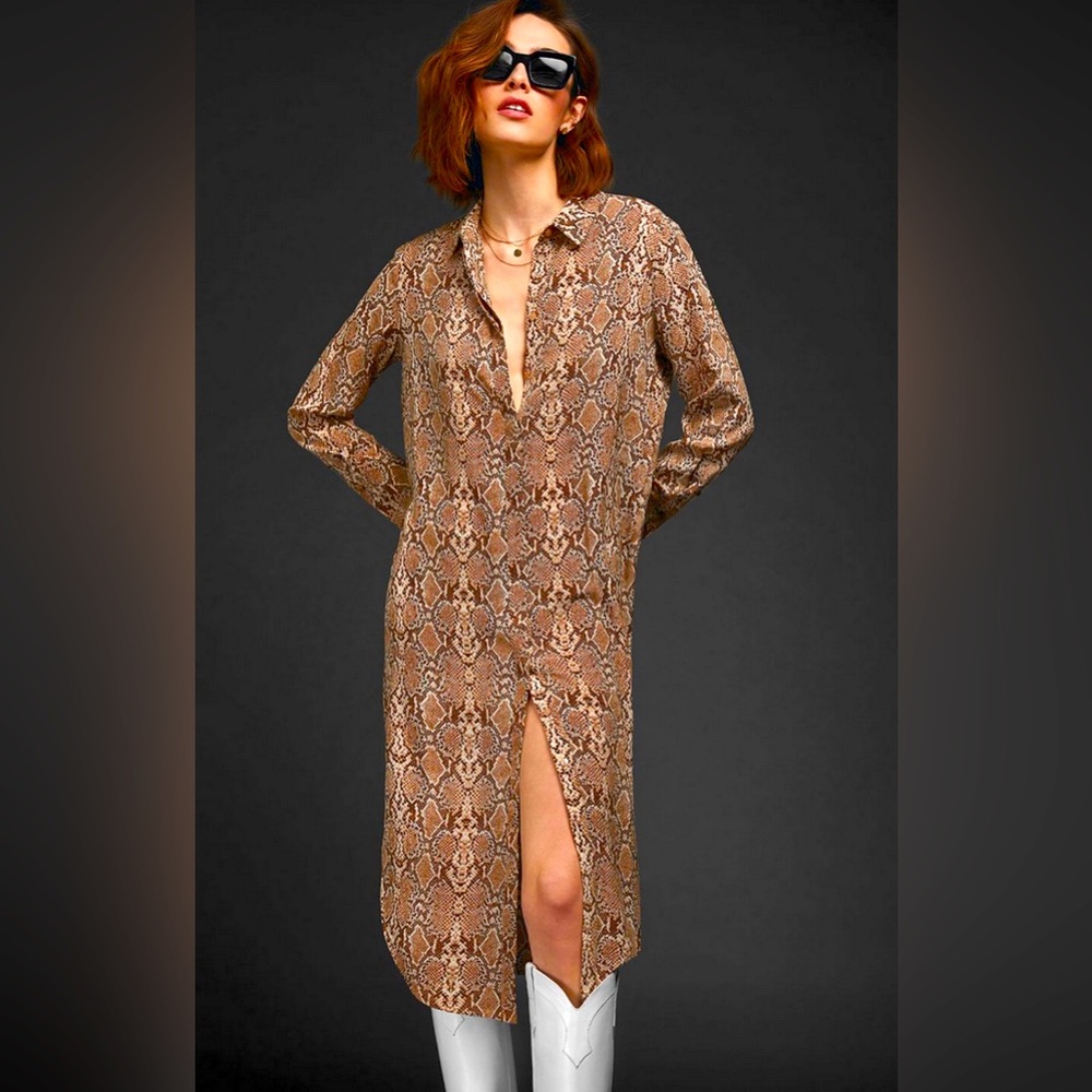 Anine Bing Chelsea Silk Brown Snake Python Dress Long Sleeve Shirt Dress Animal